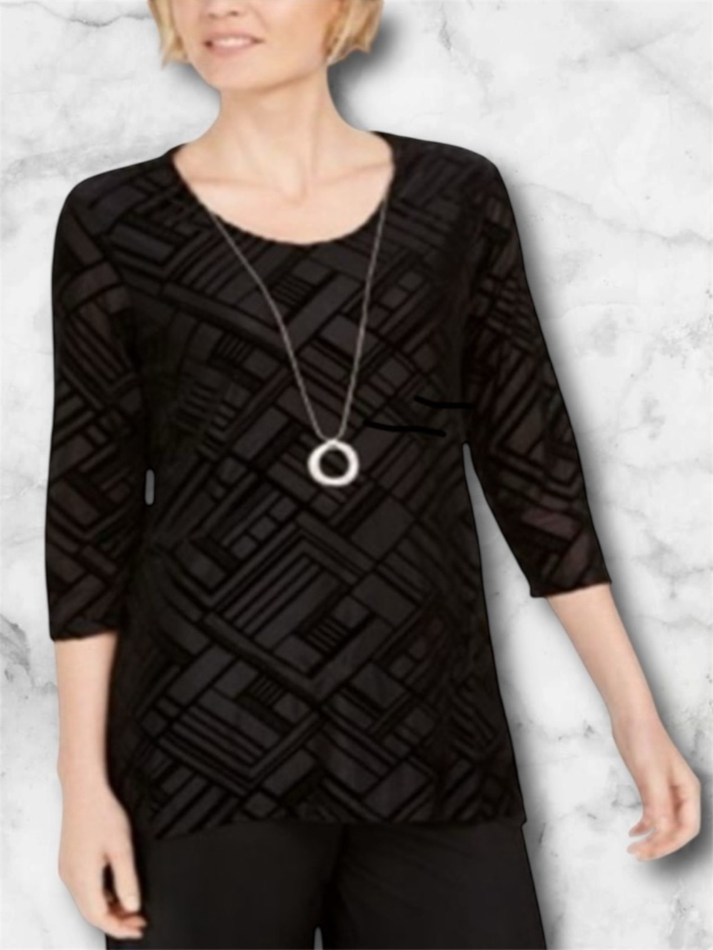 NWT JM Collection Velvet Flocked Jacquard Top Blouse Black Necklace Size XS